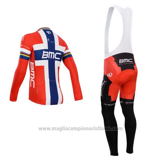2014 Abbigliamento Ciclismo BMC Campione Norvegia Blu e Rosso Manica Lunga e Salopette
